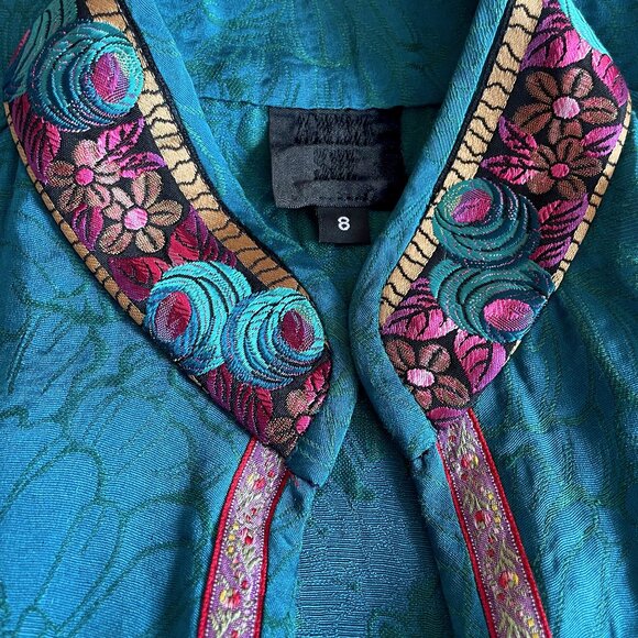 ANNA SUI Y2K Silk Floral Jacquard Teal Blue Embroidered Sleeveless Vest - Picture 7 of 9